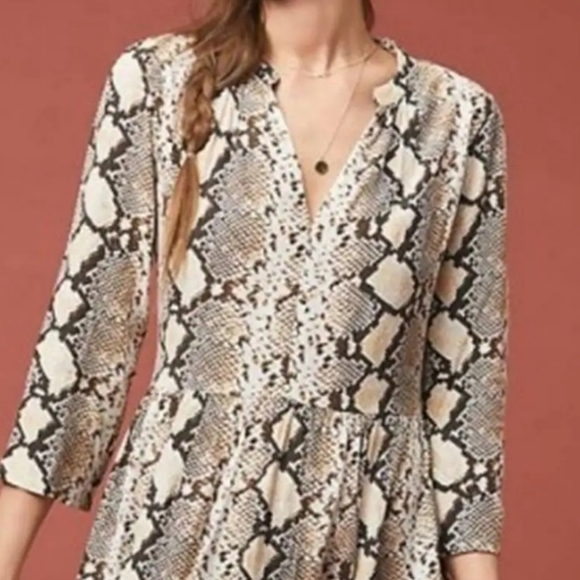 MAEVE by Anthropologie Tan Snake Skin Python Print  A-Line V-Neck Short Dress, S - Picture 6 of 13